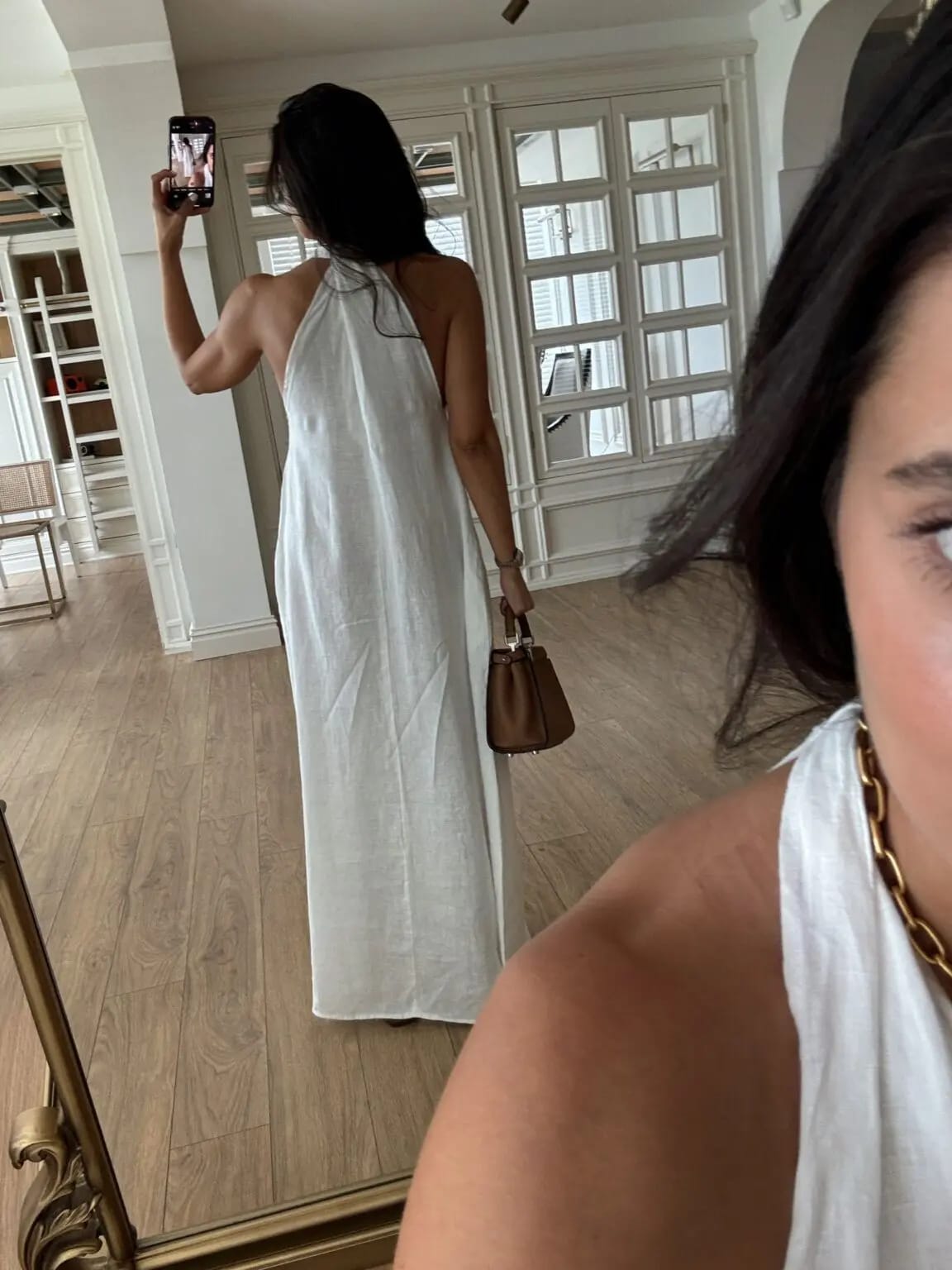 White Back Detailed V Neck Premium Linen Dress