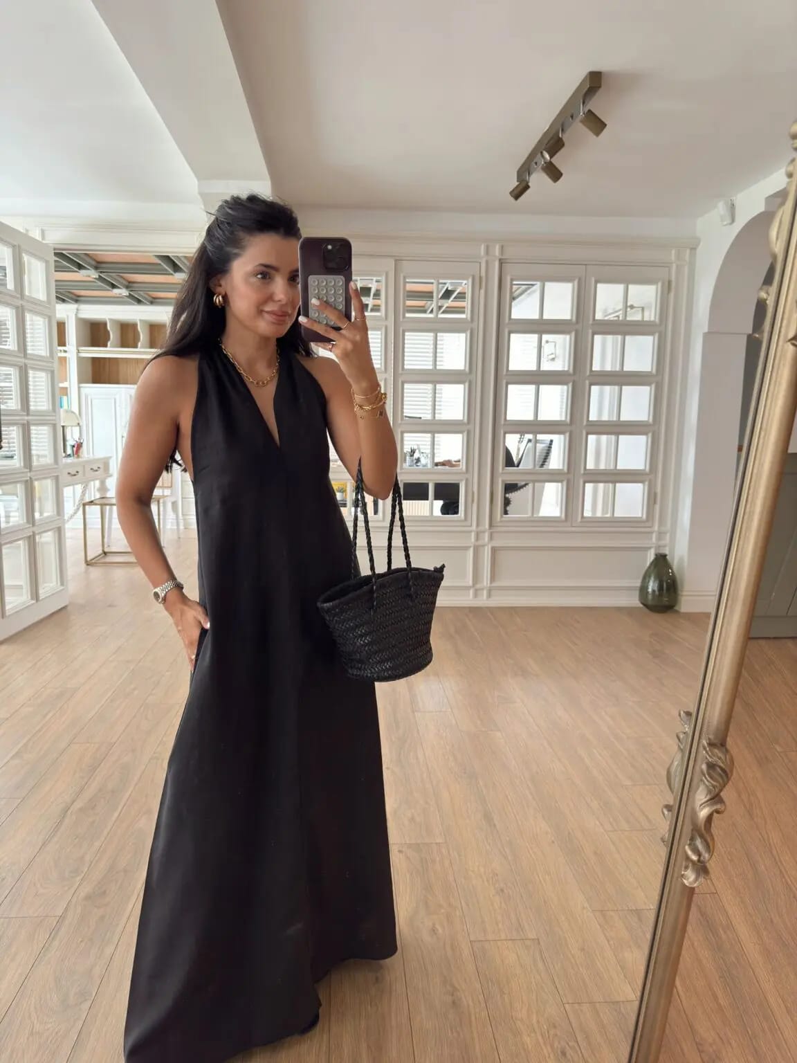 Black Back Detailed V Neck Premium Linen Dress