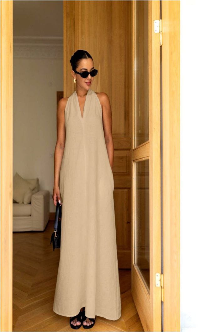 Beige Back Detailed V Neck Premium Linen Dress