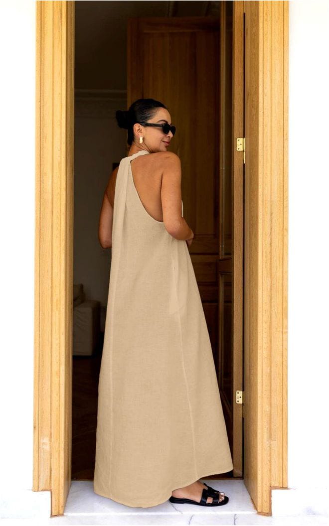 Beige Back Detailed V Neck Premium Linen Dress