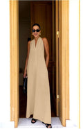 Beige Back Detailed V Neck Premium Linen Dress
