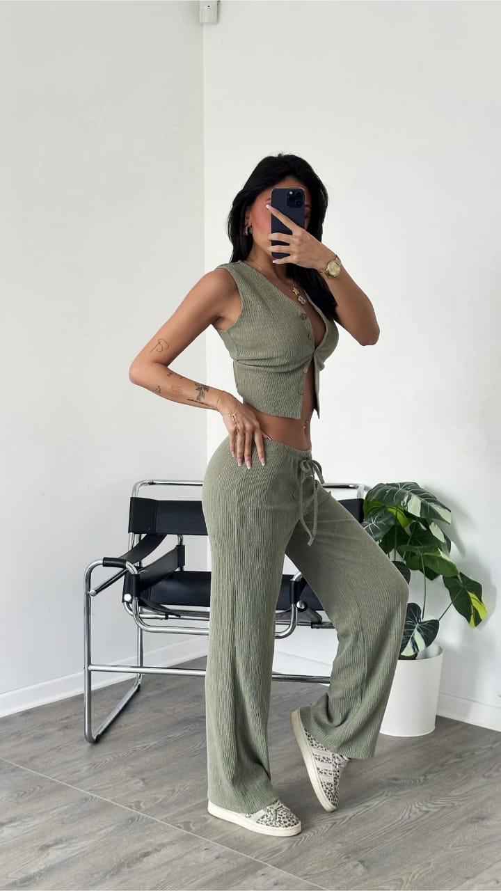 Green Textured Waistcoat & Trouser Set