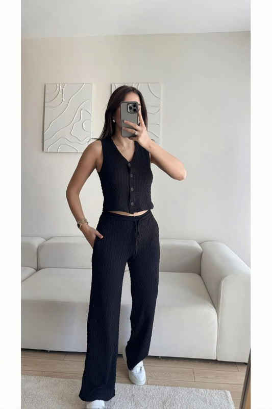 Black Textured Waistcoat & Trouser Set