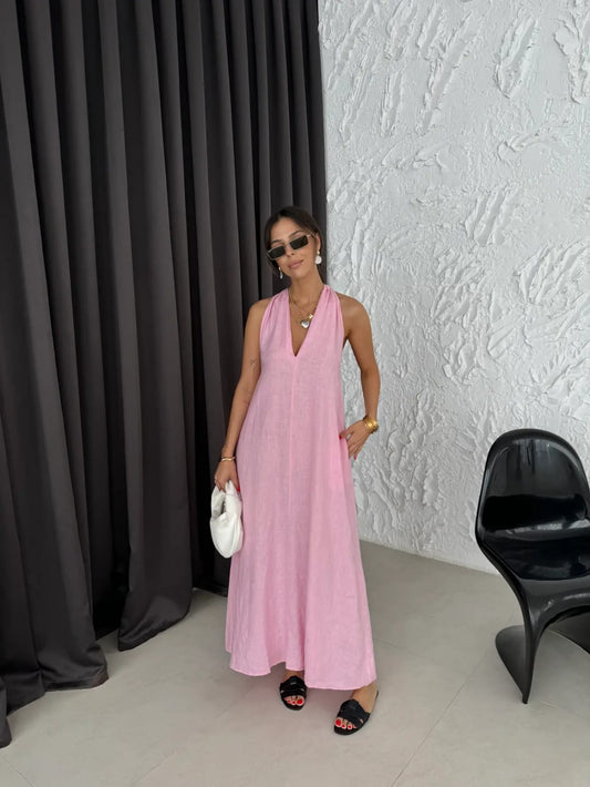 Pink Back Detailed V Neck Premium Linen Dress