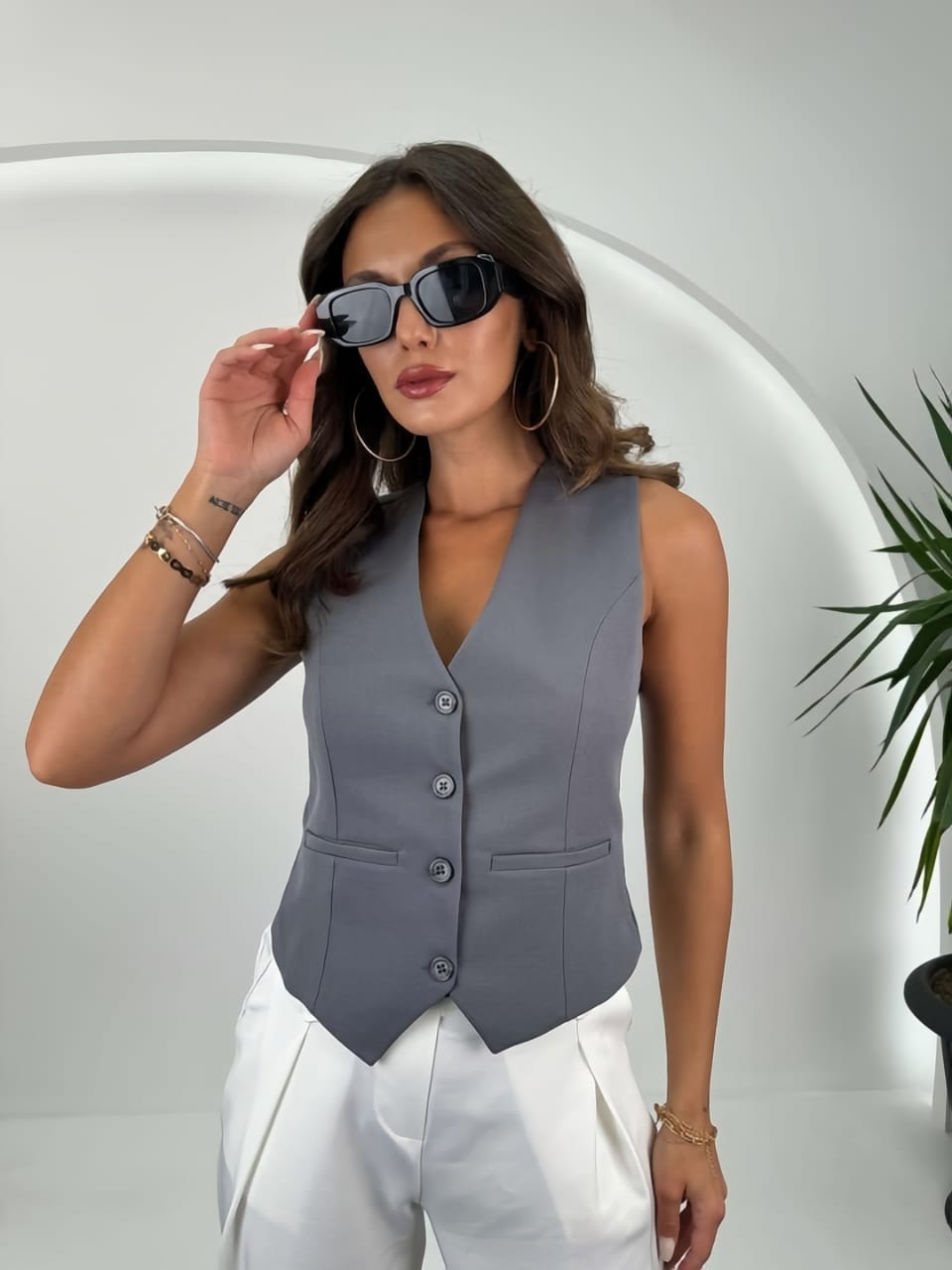 Grey Fabric Women's Waistcoat with Buttons