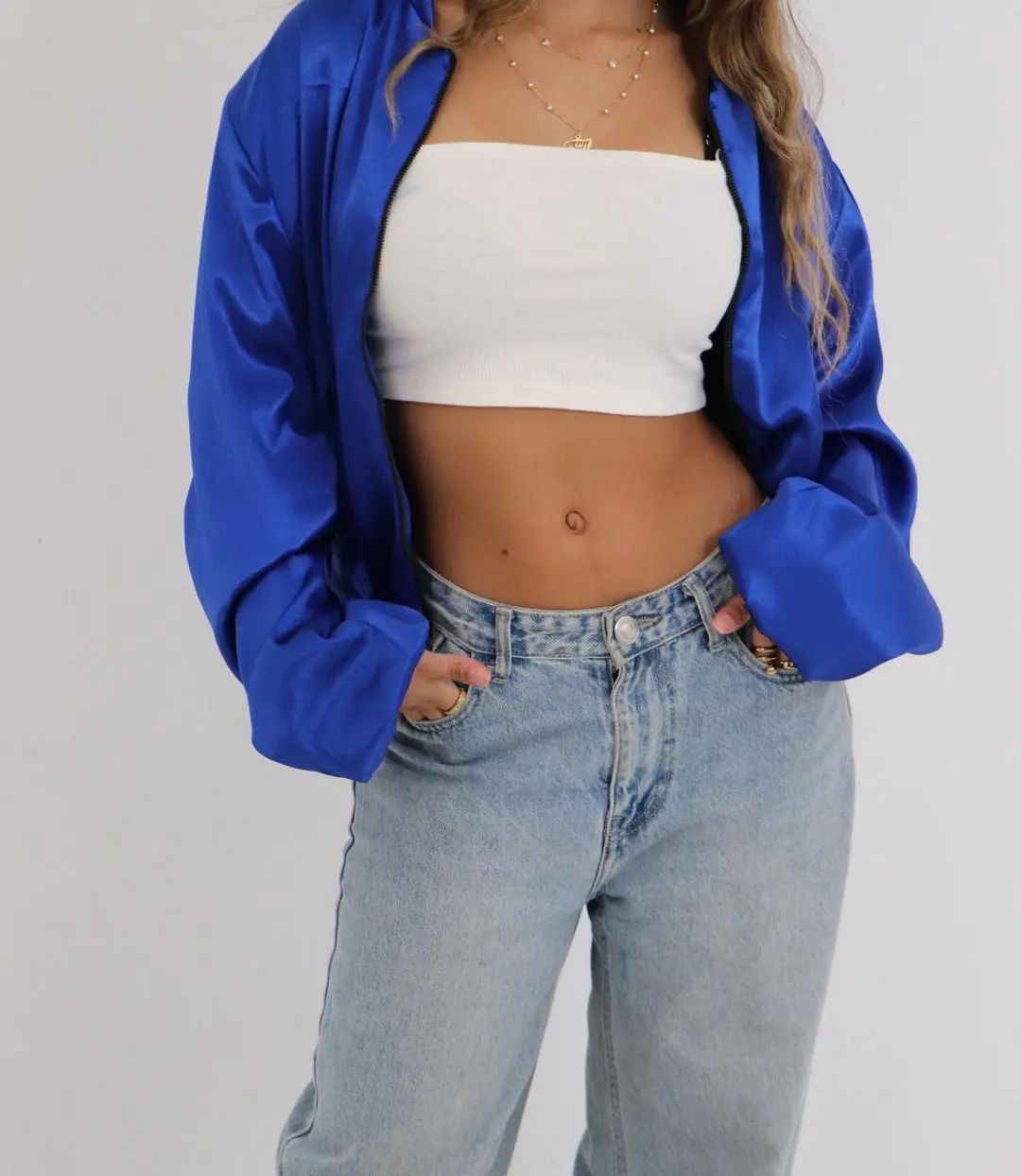 Blue Satin Bomber Jacket