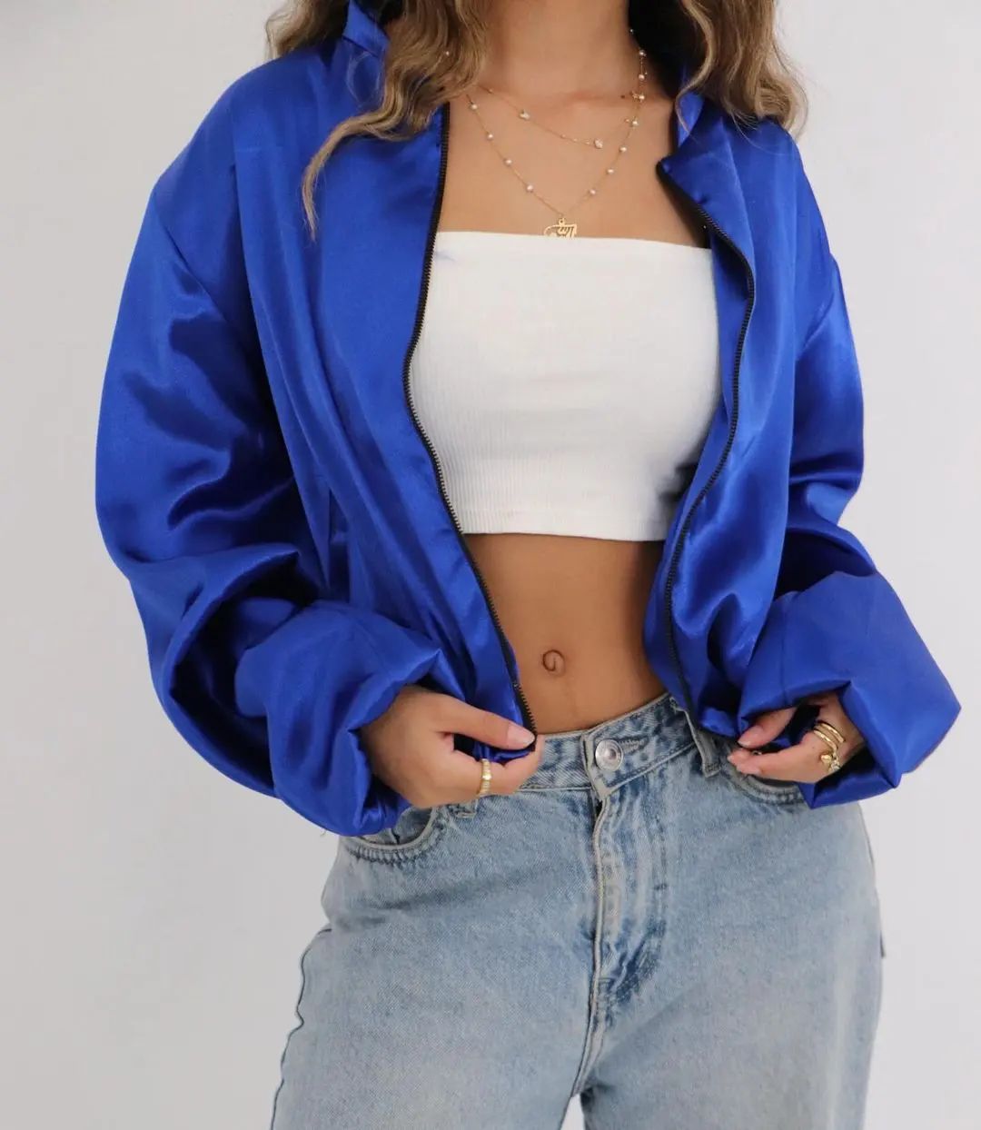 Blue Satin Bomber Jacket