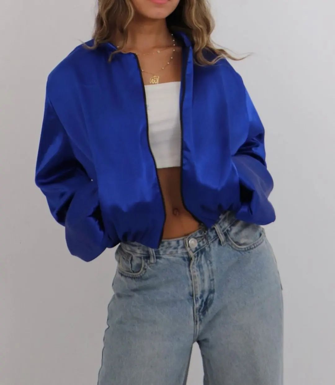 Blue Satin Bomber Jacket