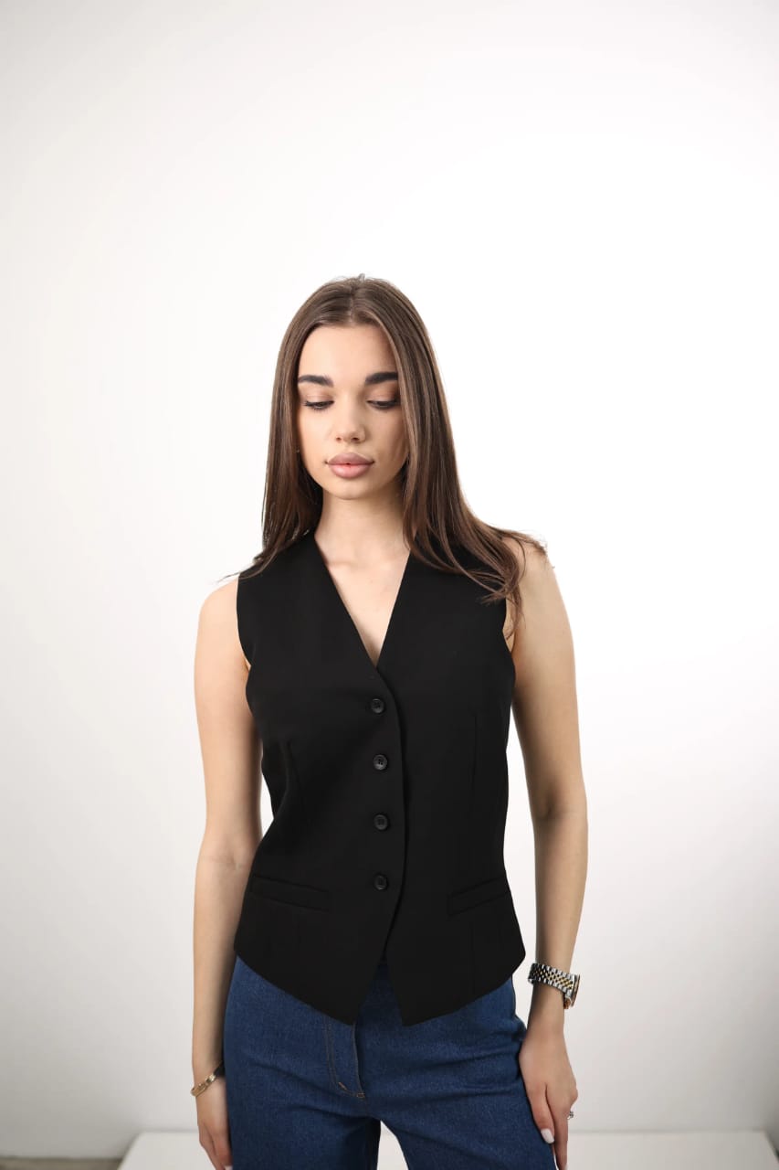 Black Fabric Women's Waistcoat with Buttons