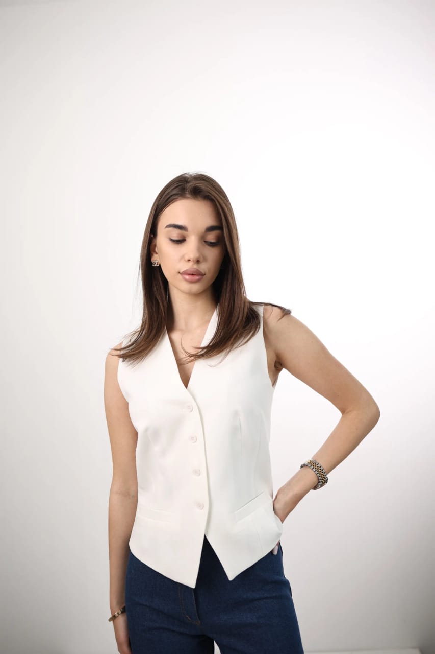 White Fabric Women's Waistcoat with Buttons