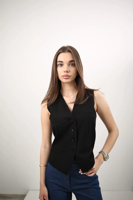 Black Fabric Women's Waistcoat with Buttons