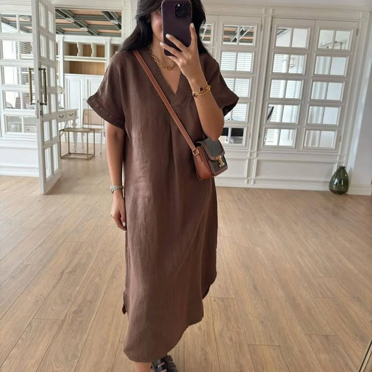 Brown Linen Midi Dress