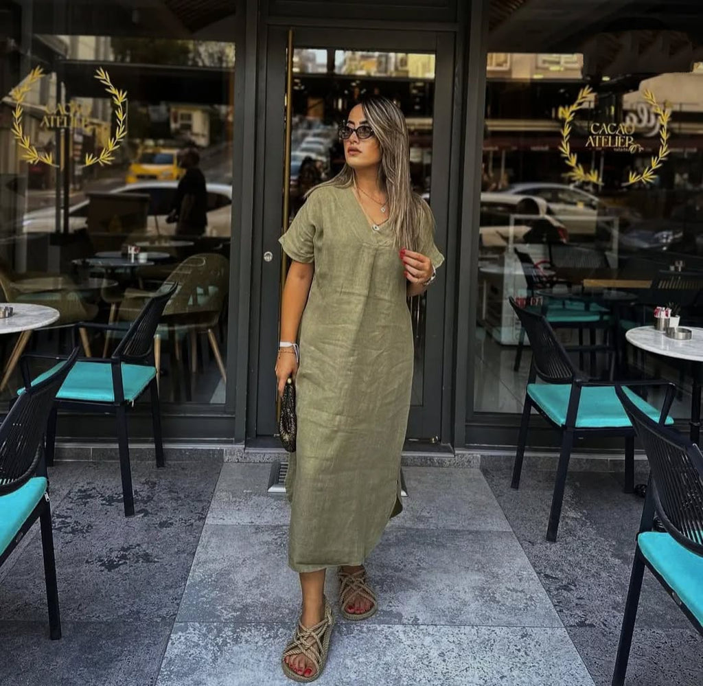 Olive Linen Midi Dress