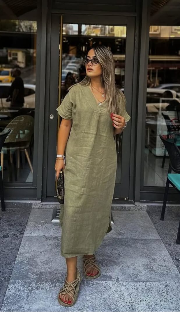 Olive Linen Midi Dress