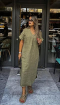 Olive Linen Midi Dress