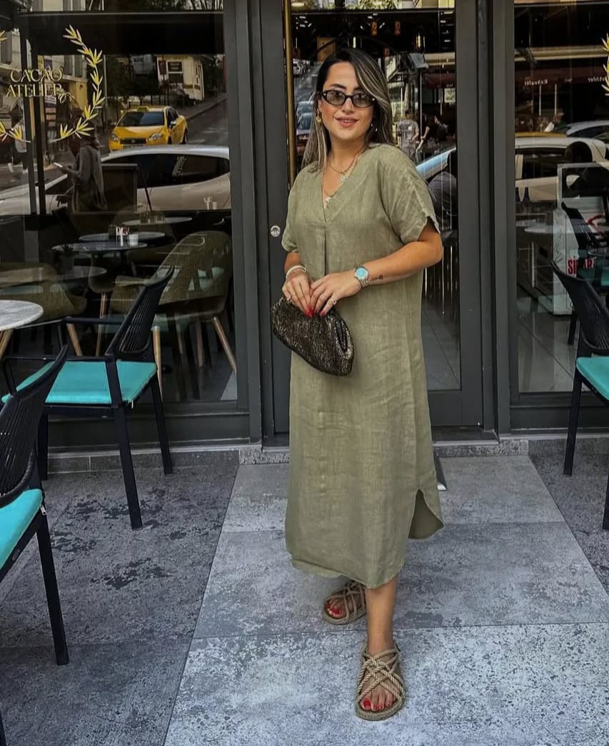 Olive Linen Midi Dress