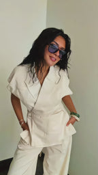 Beige Linen Blend Pleated Sets