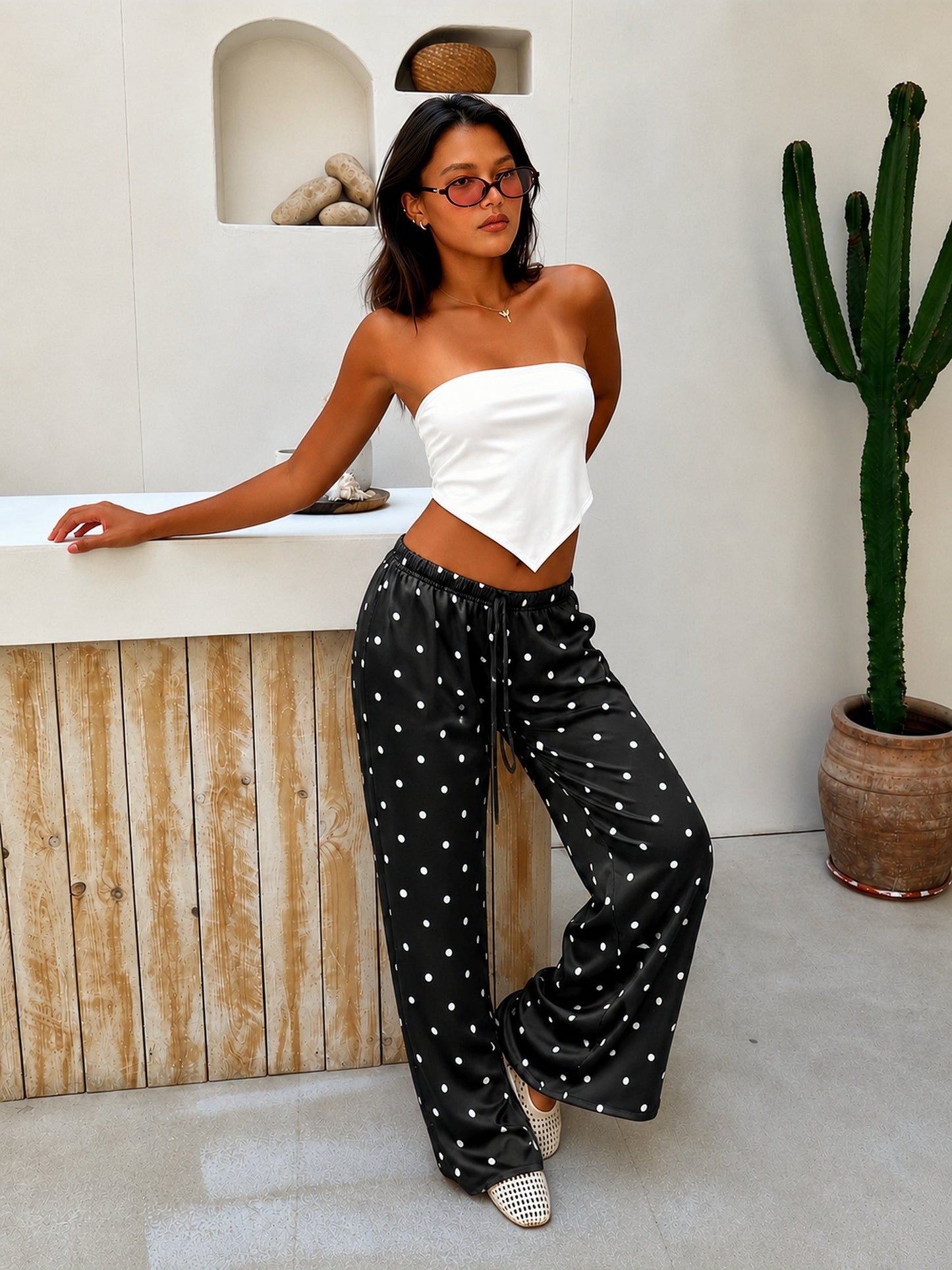 Satin Polka Dot Lounge Set – Black & White