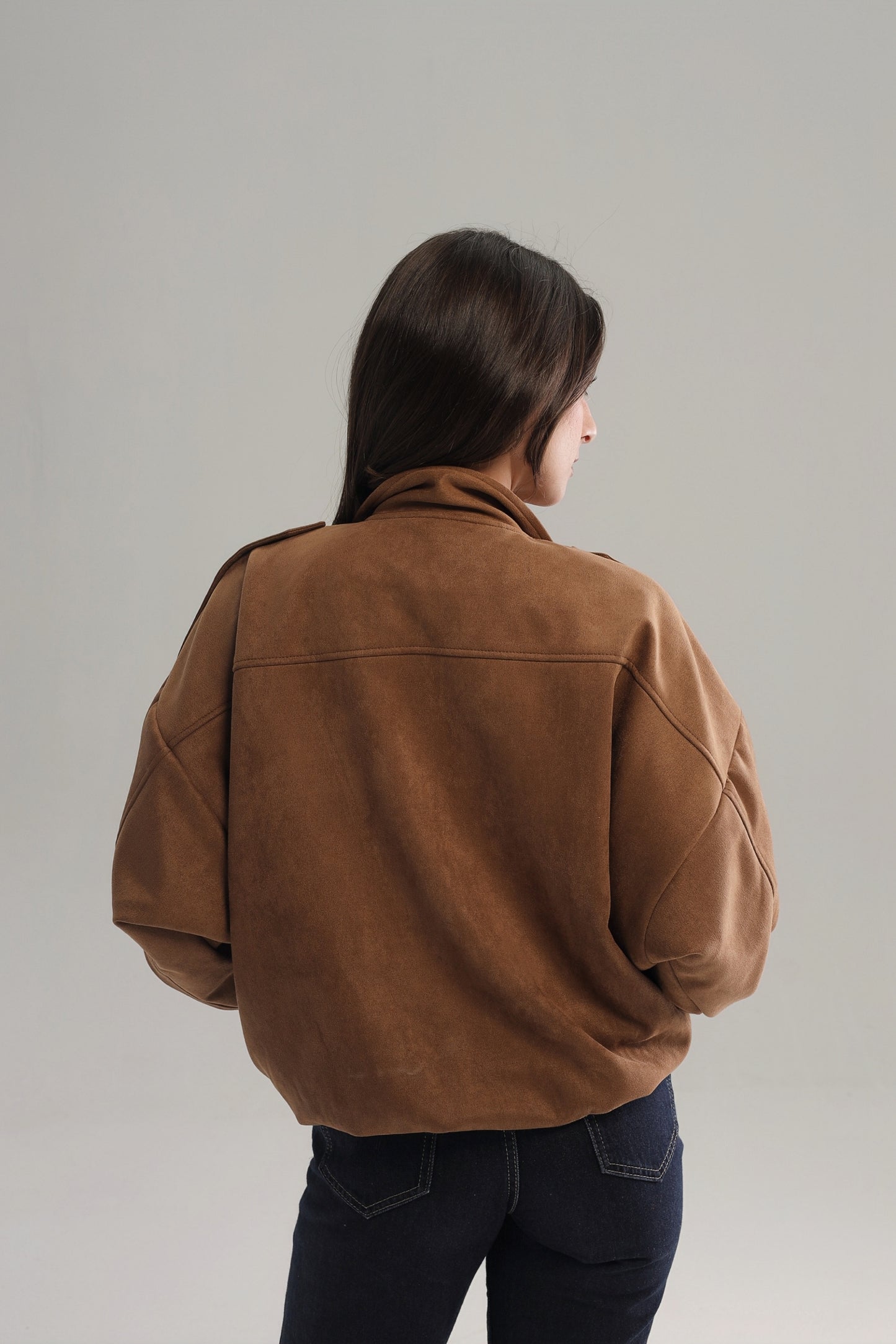 SUEDE ZIPPERED DROP SHOULDER BOMBER JACKET