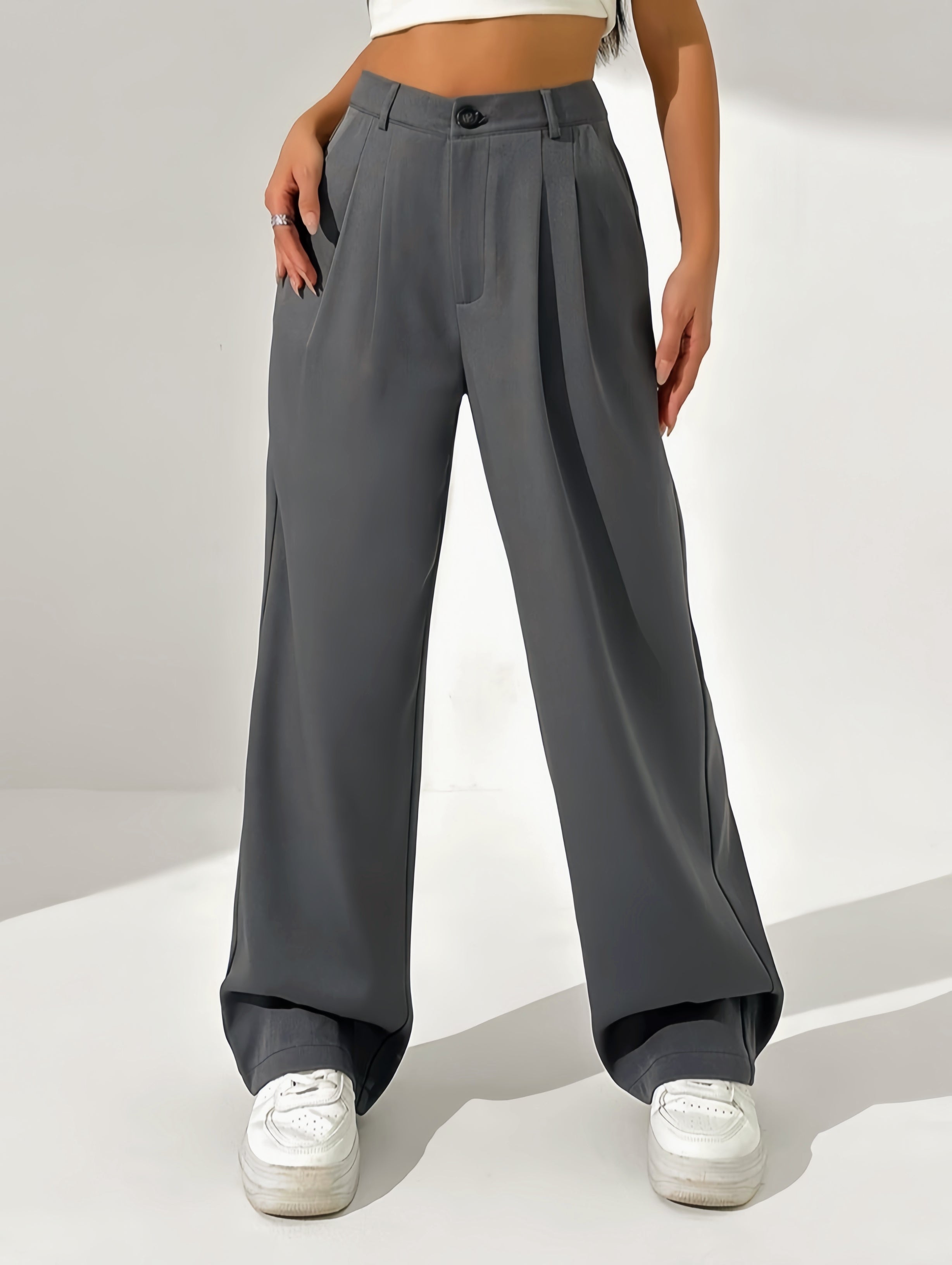 Grey-High Waisted Wide Leg Pants