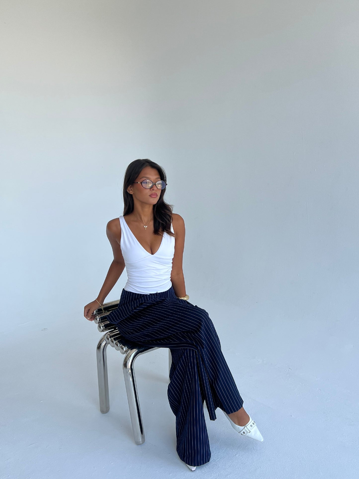 The Riviera Pinstripe Wide-Leg Pants – Navy