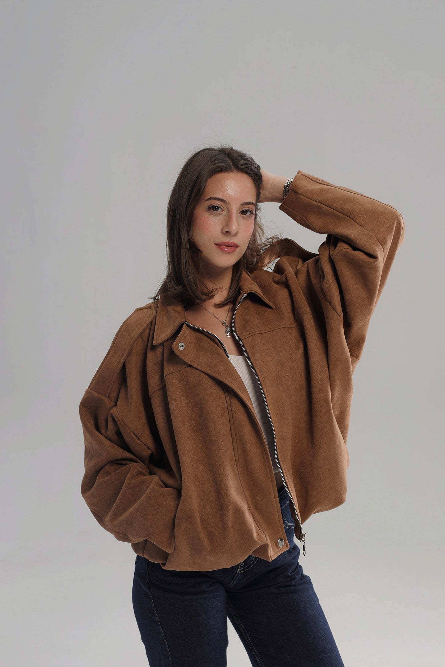 SUEDE ZIPPERED DROP SHOULDER BOMBER JACKET