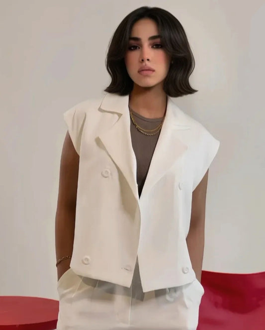 Cream sleeveless double breasted vest