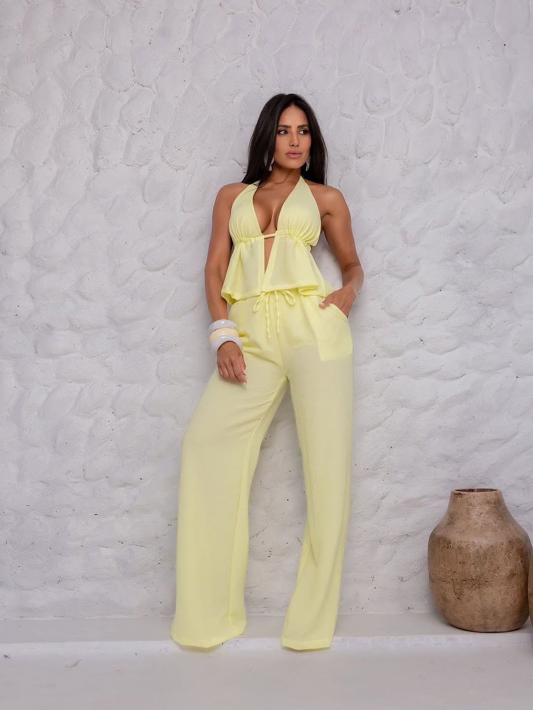 Yellow Corset Detailed Crop Trouser Set