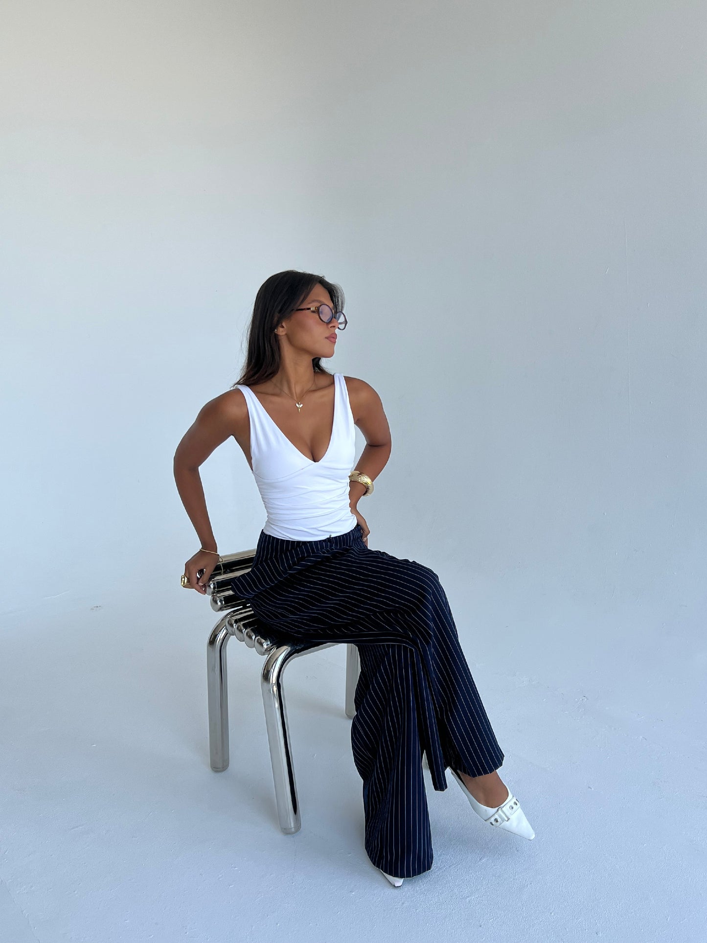 The Riviera Pinstripe Wide-Leg Pants – Navy