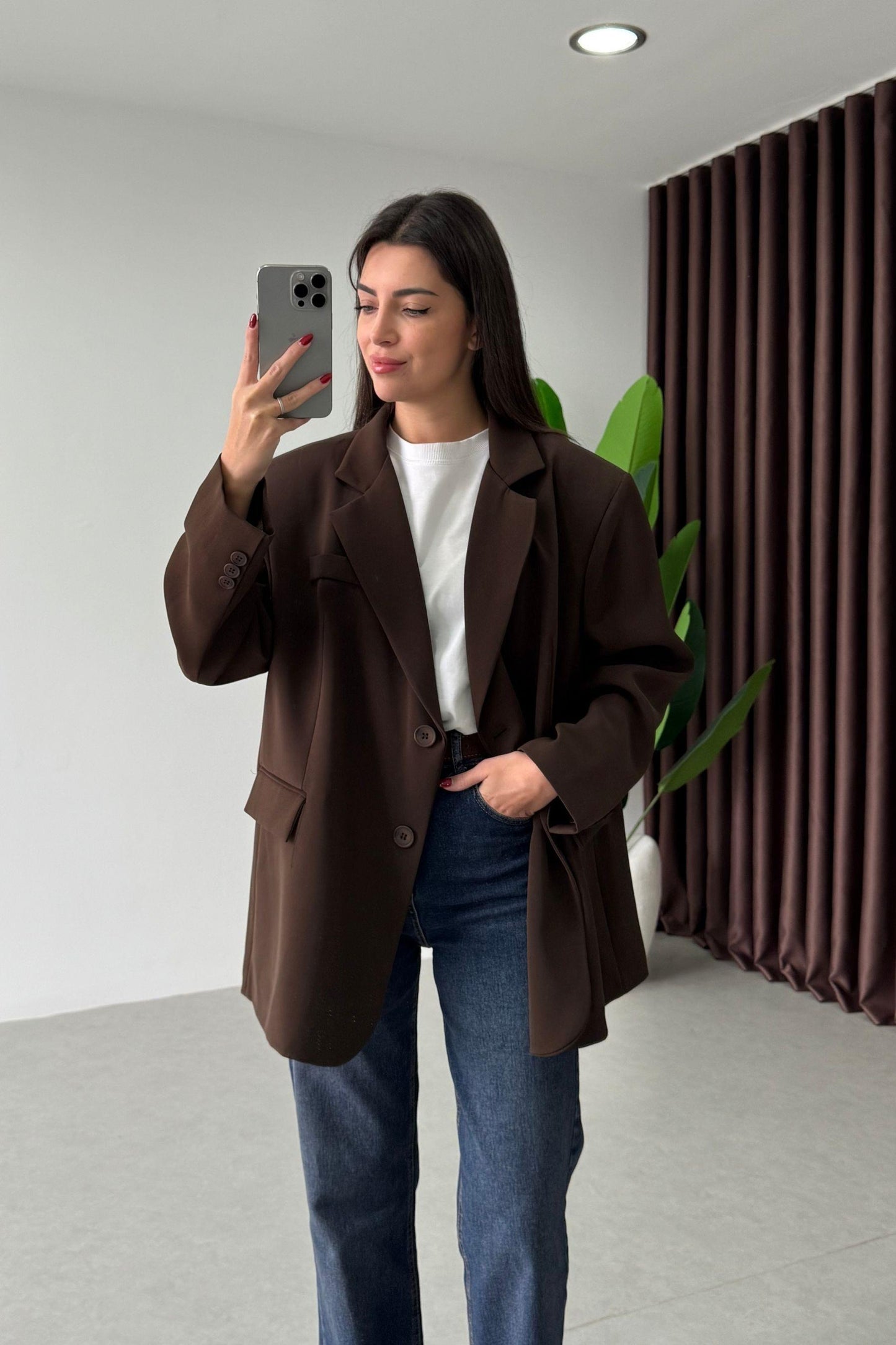 Brown Oversized Textured Basic Blazer