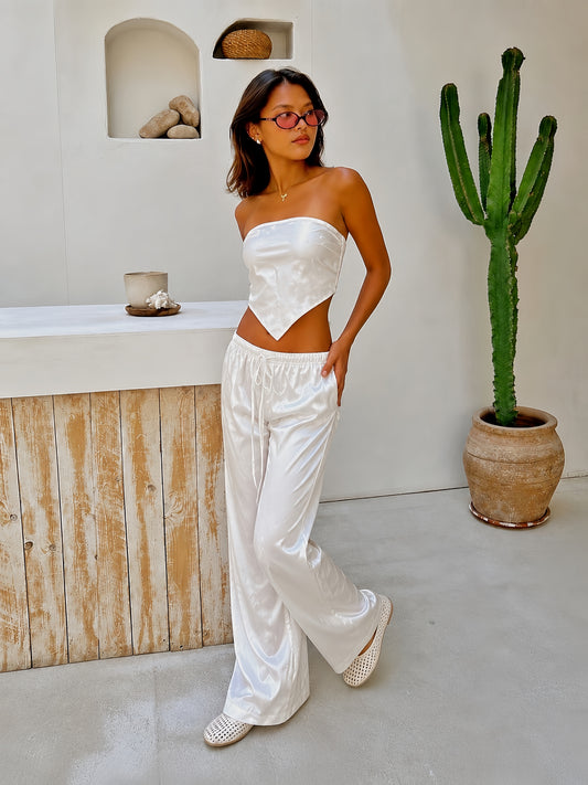 White Allure Satin Scarf Top & Wide-Leg Pants Set