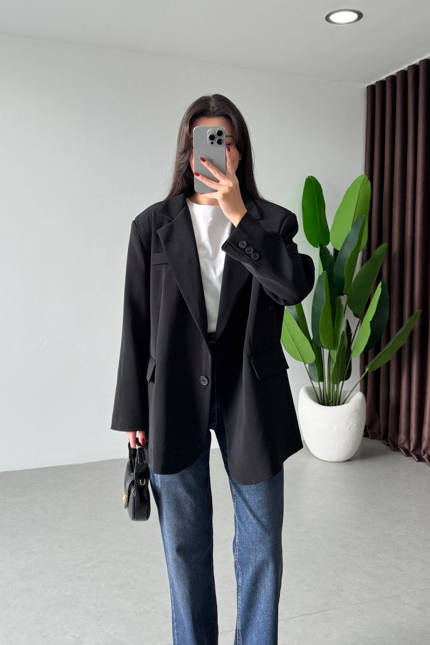 Black Oversized Textured Basic Blazer