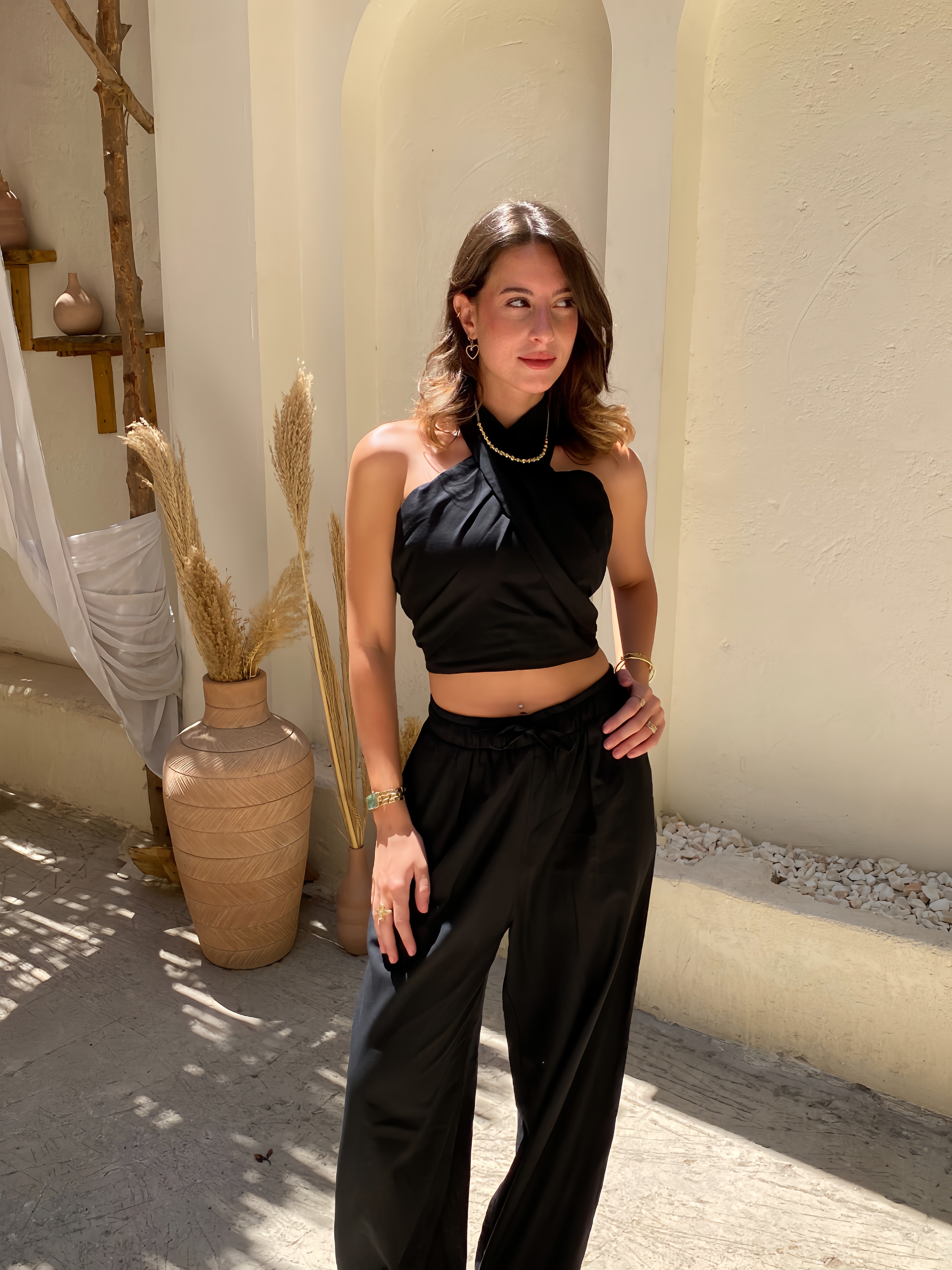 Black Linen Neck Tie Set