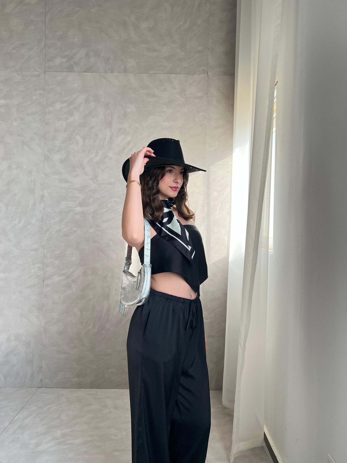 Black Allure Satin Scarf Top & Wide-Leg Pants Set