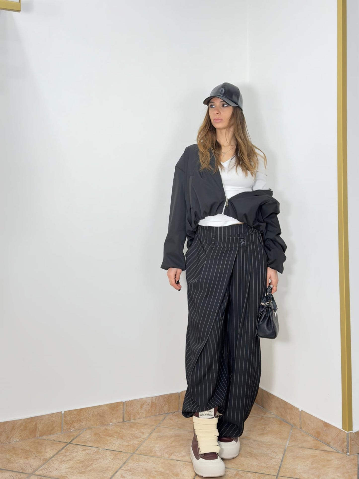 Striped trousers with wrap details