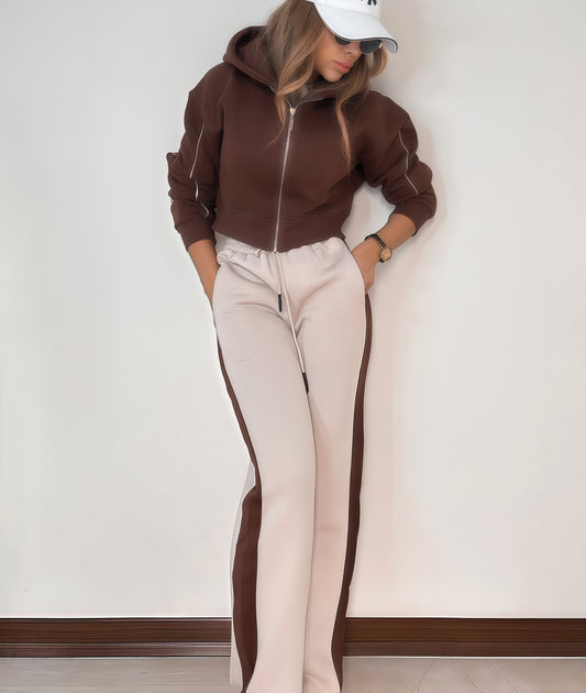HOODED STRIPE DETAILED SUIT Brown
