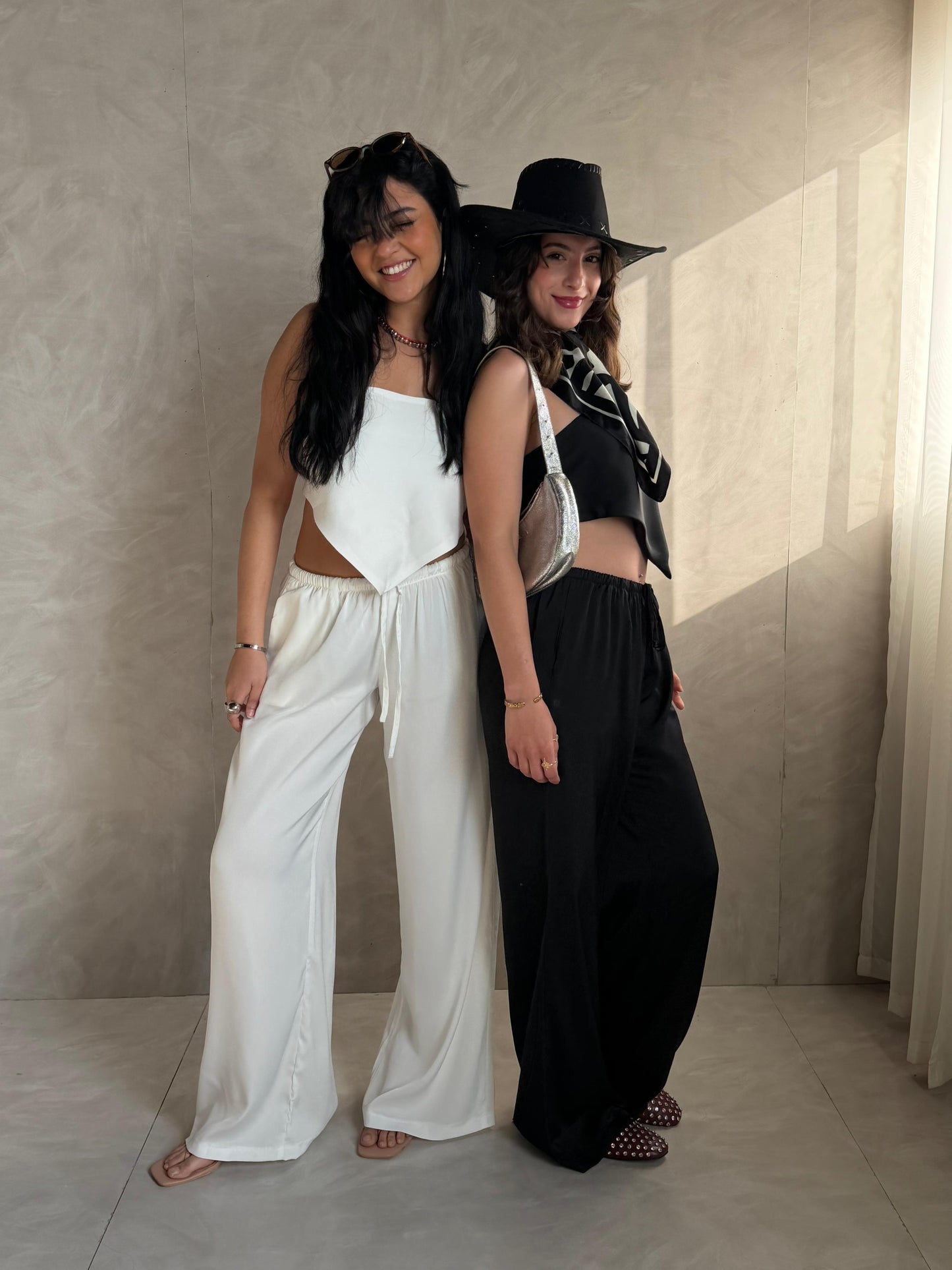 White Allure Satin Scarf Top & Wide-Leg Pants Set