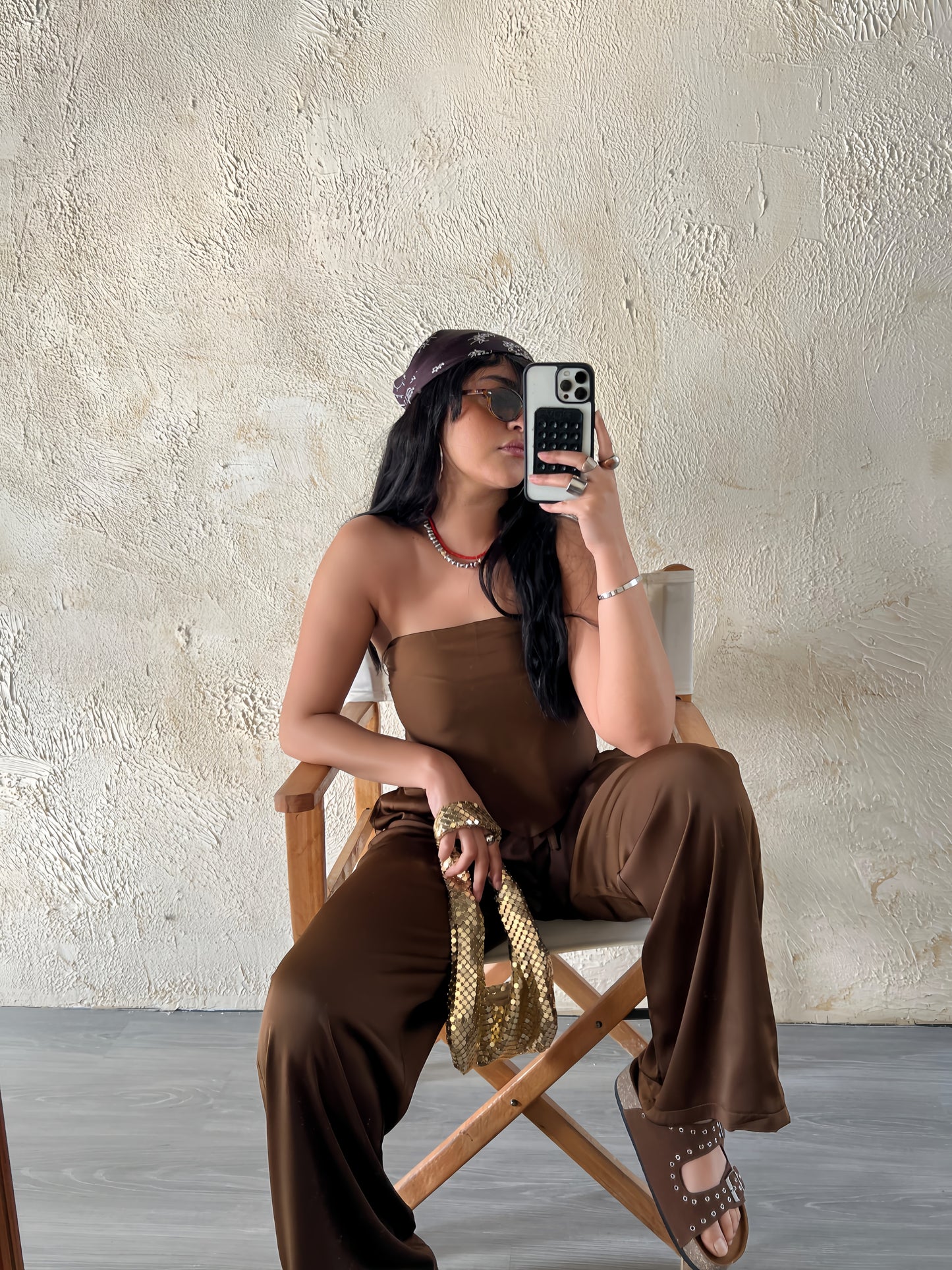Brown Allure Satin Scarf Top & Wide-Leg Pants Set