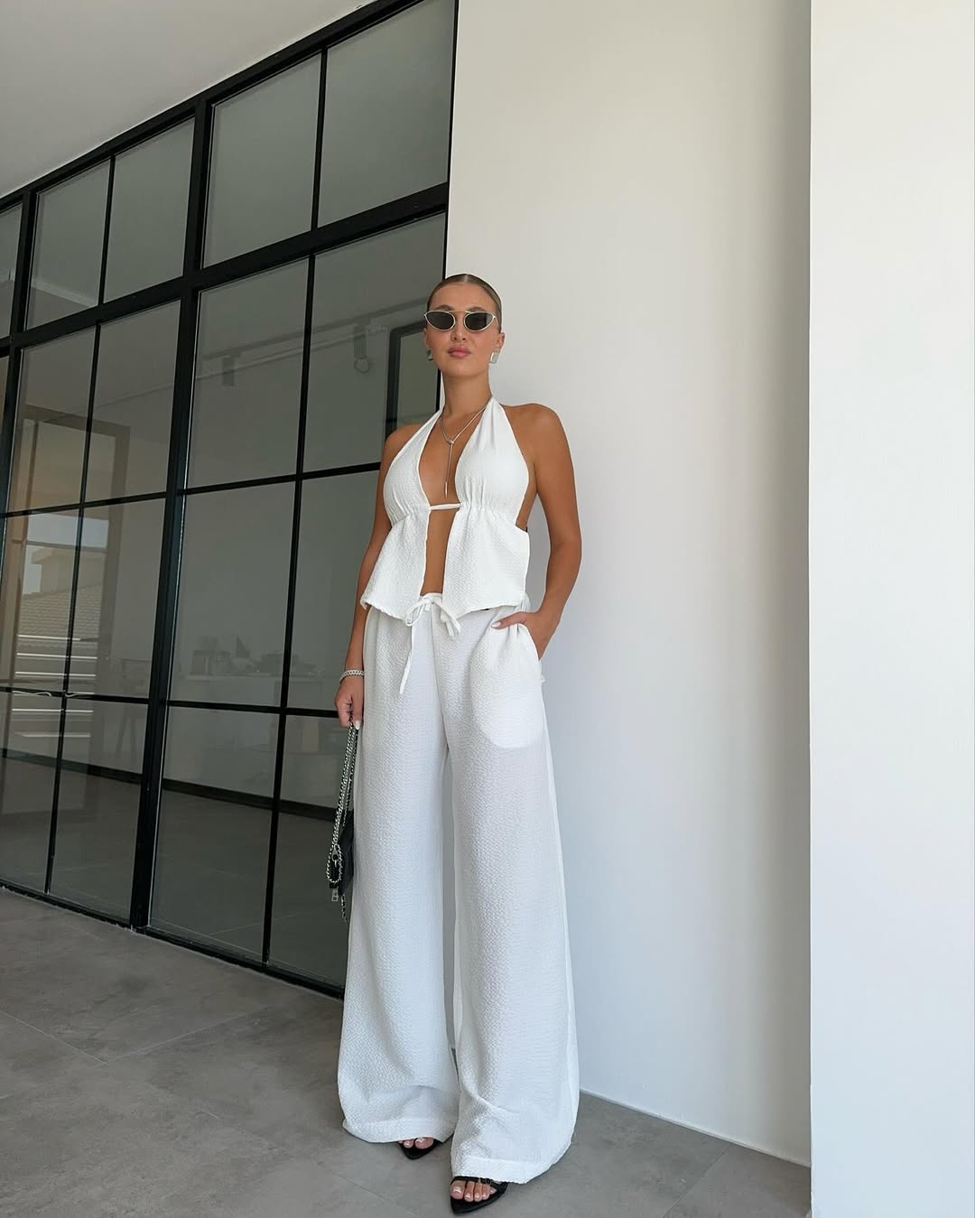 White Corset Detailed Crop Trouser Set