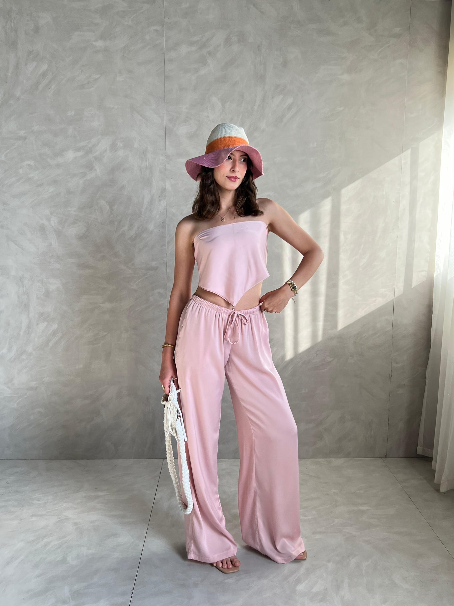 Dusty Pink Allure Satin Scarf Top & Wide-Leg Pants Set