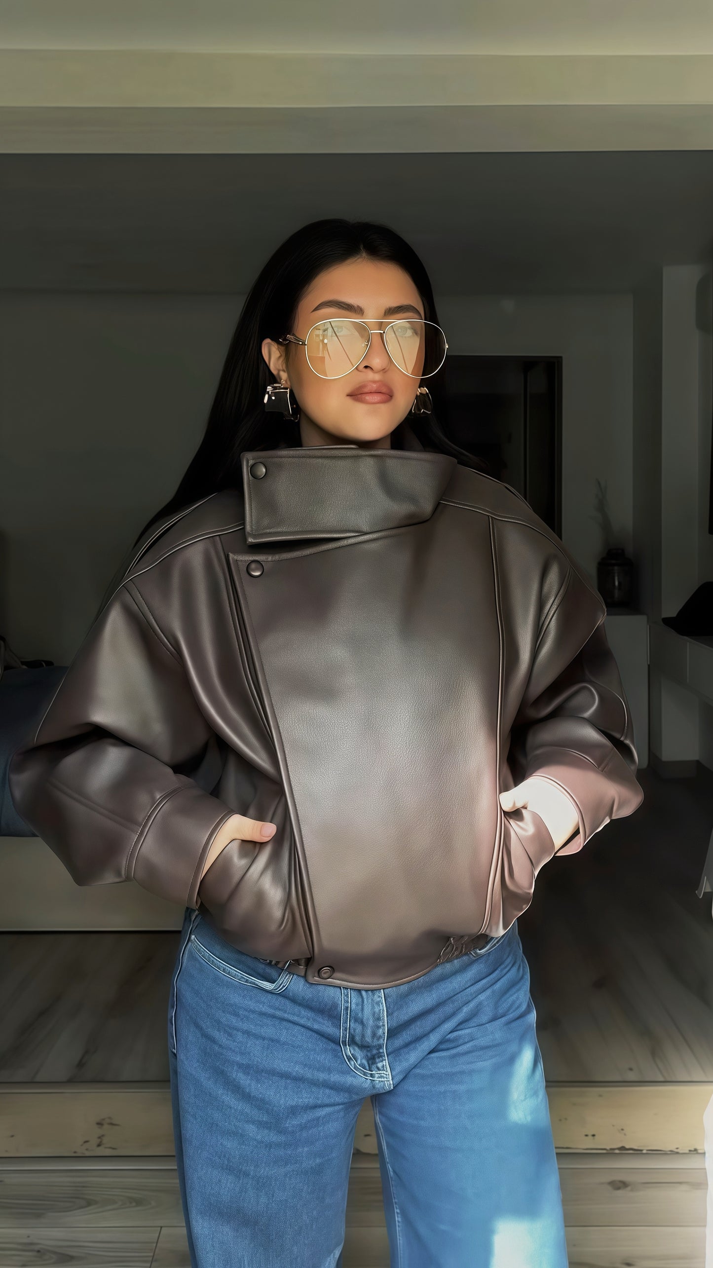 Brown High Collar Faux Leather Jacket