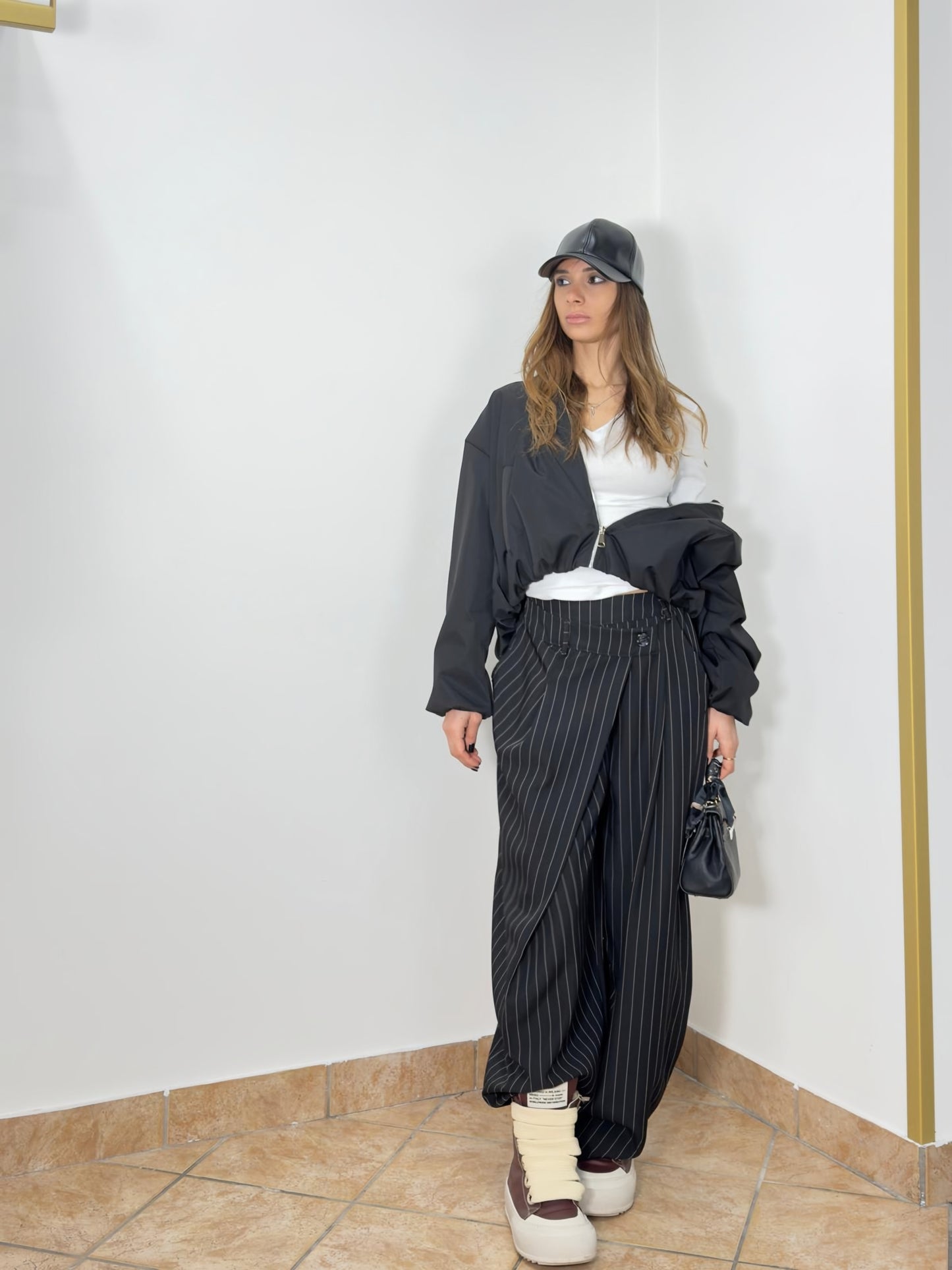 Striped trousers with wrap details