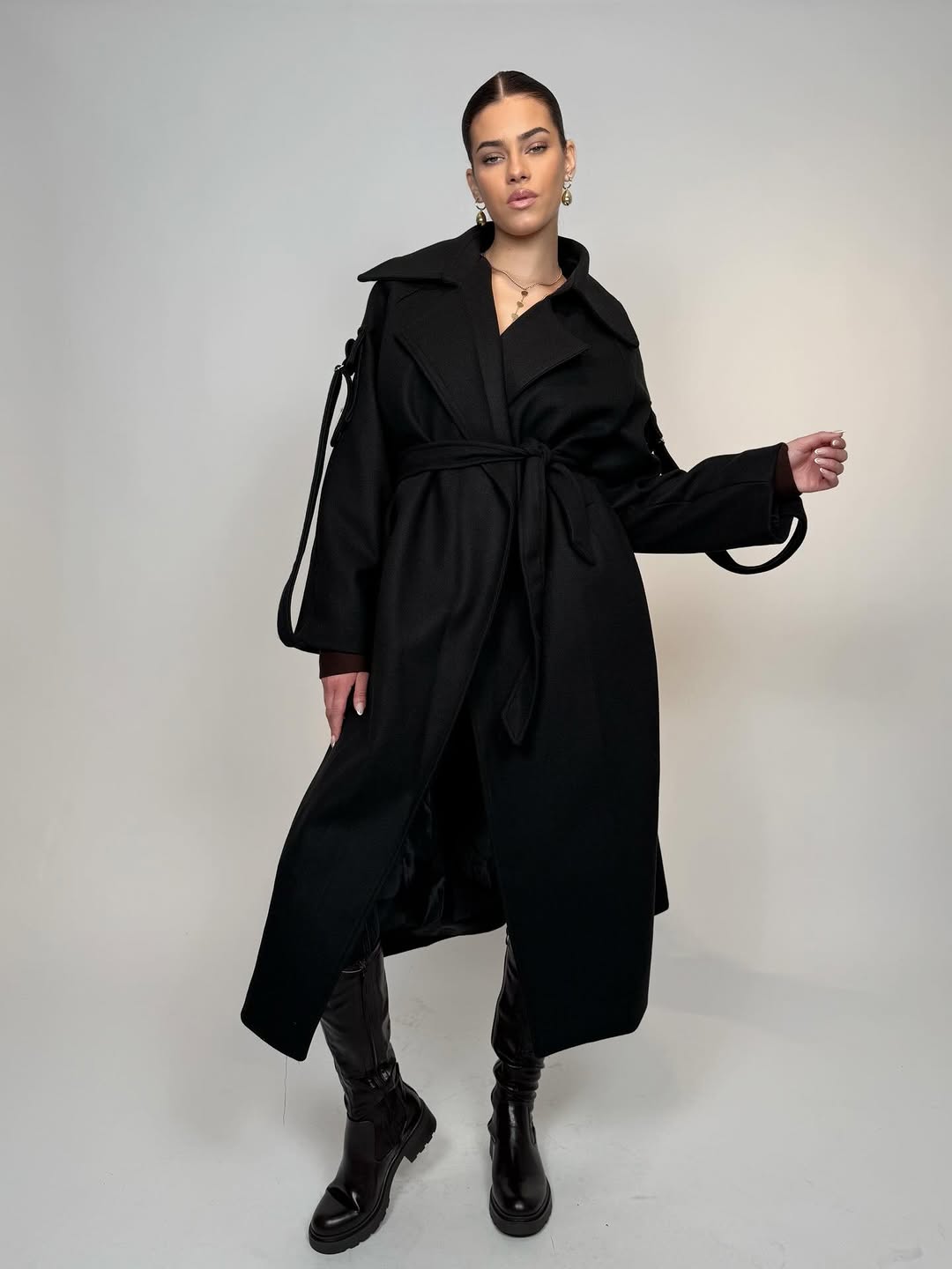 Black Anthracite Wool Blend Sleeve Pocket Coat