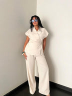 Beige Linen Blend Pleated Sets
