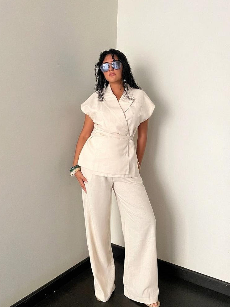 Beige Linen Blend Pleated Sets