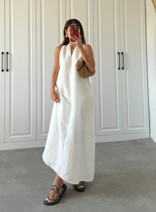 White Back Detailed V Neck Premium Linen Dress