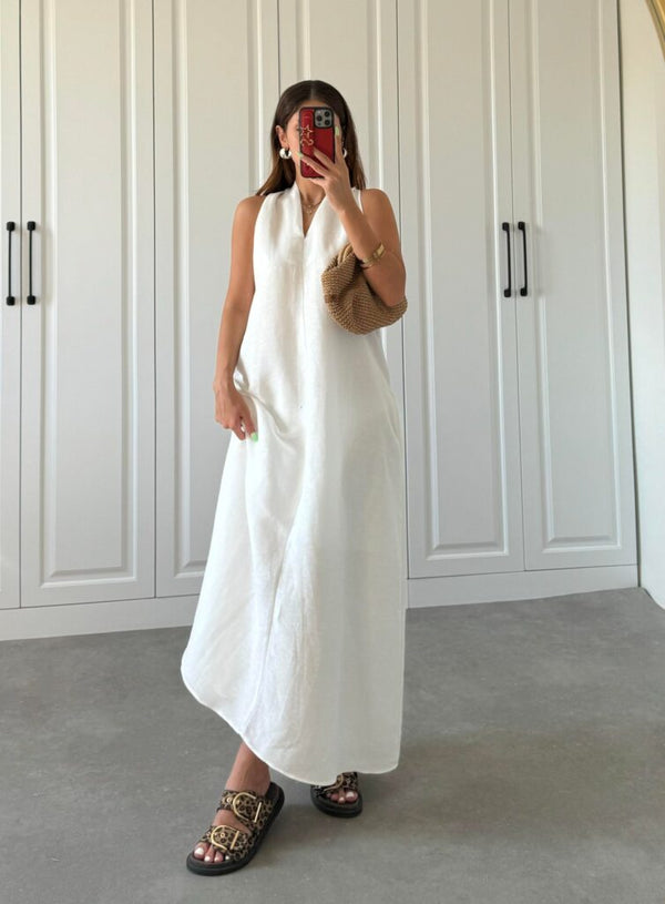 White Back Detailed V Neck Premium Linen Dress