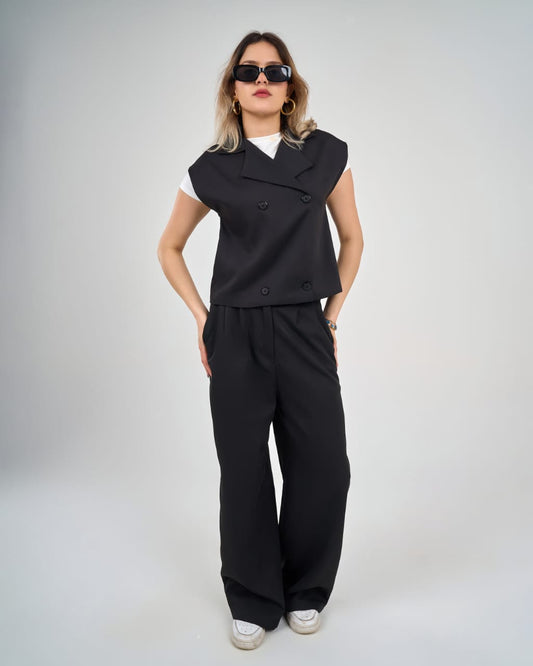 Wide Leg Trousers Vest Set Black