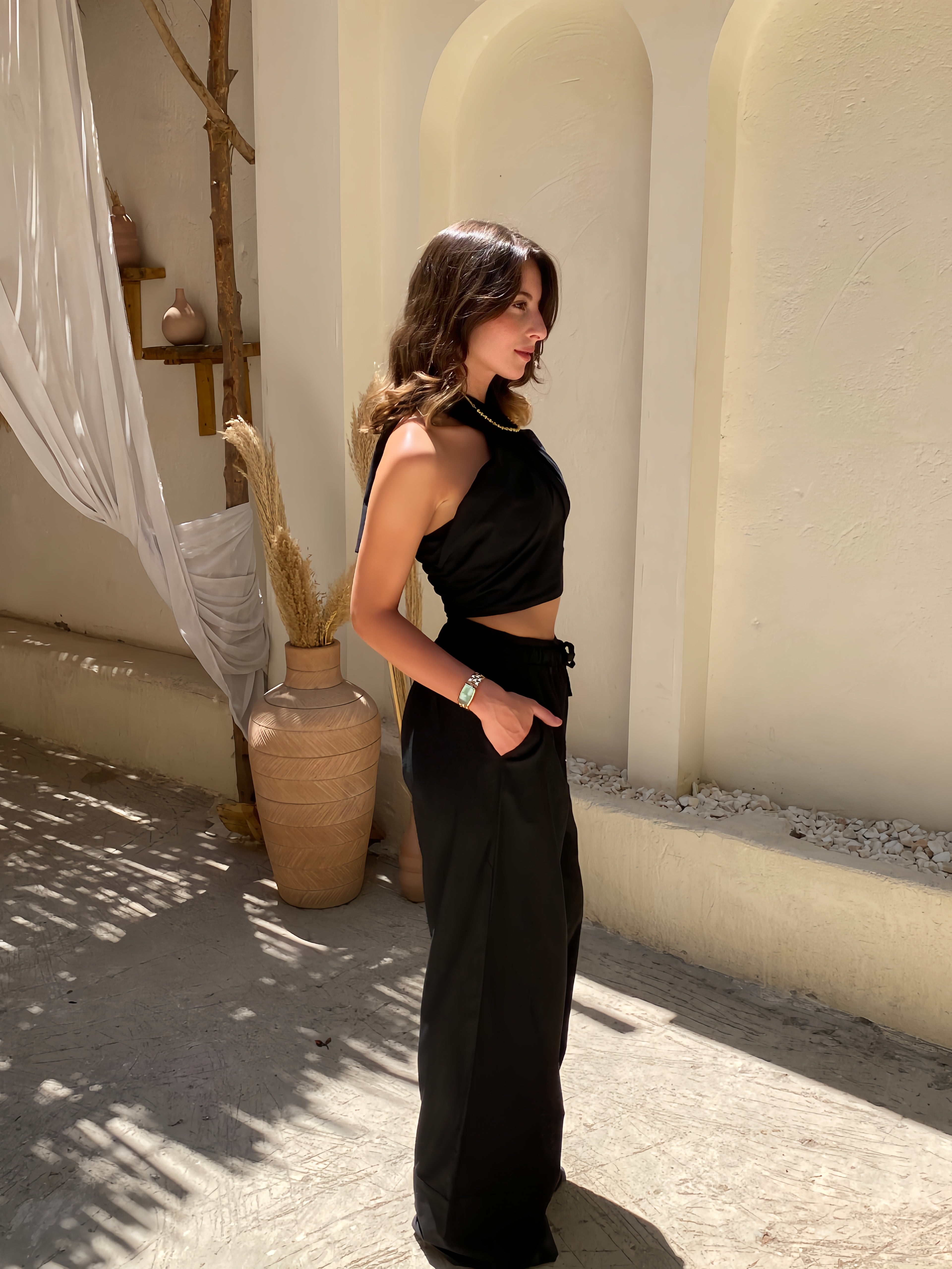 Black Linen Neck Tie Set