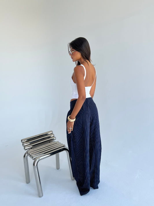 The Riviera Pinstripe Wide-Leg Pants – Navy
